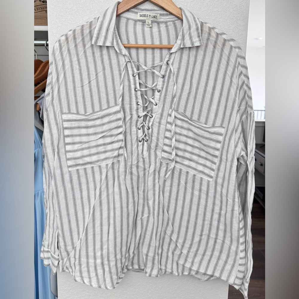 Lace-Up Striped Shirt - White & Gray